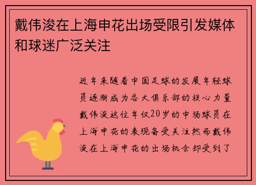 戴伟浚在上海申花出场受限引发媒体和球迷广泛关注