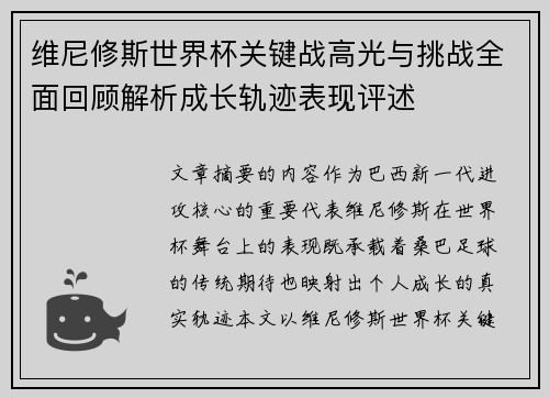 维尼修斯世界杯关键战高光与挑战全面回顾解析成长轨迹表现评述