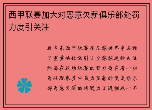西甲联赛加大对恶意欠薪俱乐部处罚力度引关注 西甲联赛加大对恶意欠薪俱乐部处罚力度引关注